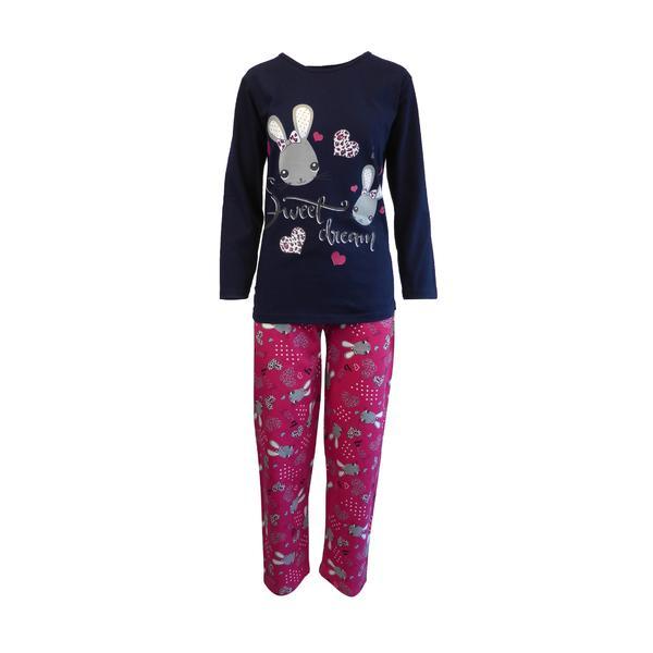 Pijama dama, Univers Fashion, bluza albastru cu imprimeu &#039;Sweet dream&#039;, pantaloni fucsia cu imprimeu iepurasi, 2XL