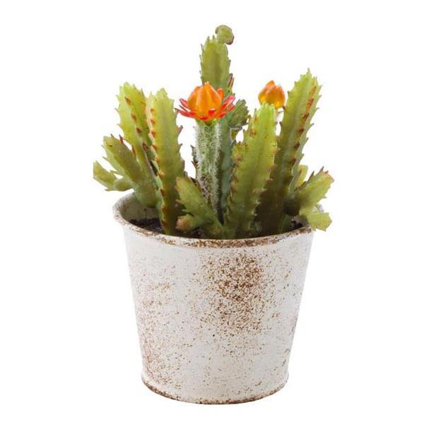 Planta artificiala suculenta cu flori in ghiveci metal alb patinat 10 cm x 10 cm x 11 h - Decorer