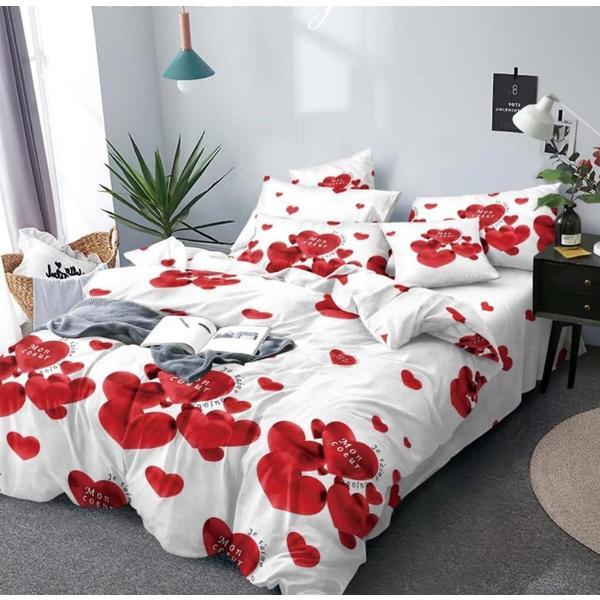 Lenjerie de pat - 6 piese - 100% bumbac romaneasca, culoare alb - rosu, model flori - East Comfort