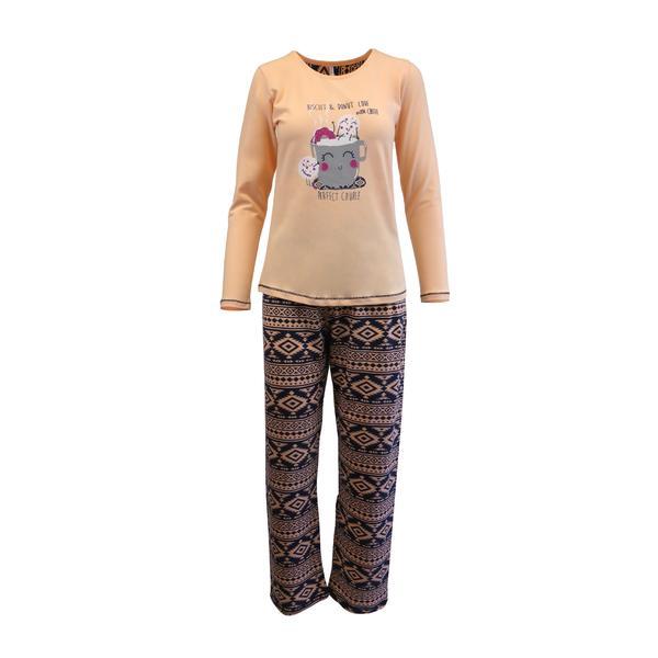 Pijama dama, Univers Fashion, bluza roz somon cu imprimeu 'Perfect Couple', pantaloni albastru cu imprimeu etnic, M