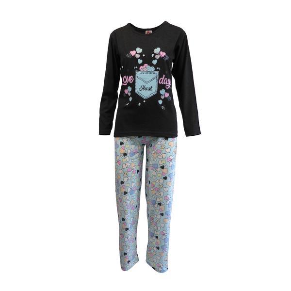 Pijama dama, Univers Fashion, bluza gri antracit cu imprimeu inimi, pantaloni turcoaz cu imprimeu inimi, M