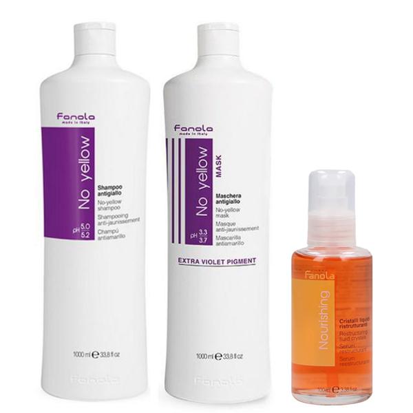 Pachet Impotriva Tonurilor de Galben - Fanola: Sampon No Yellow 1000 ml, Masca No Yellow Extra Violet Pigment 1000 ml, Ser Nutri Care Restructuring Fluid Crystals, 100 ml