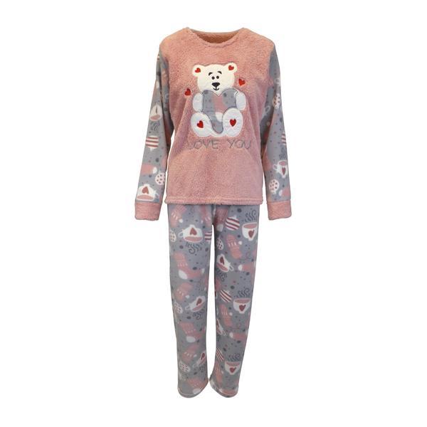 Pijama dama, Univers Fashion, bluza cocolino roz inchis si gri cu ursulet, pantaloni polar gri cu imprimeu roz inchis, L