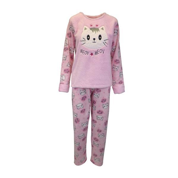 Pijama dama, Univers Fashion, bluza cocolino roz cu pisica, pantaloni polar roz cu imprimeu pisici, L