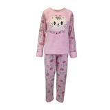 Pijama dama, Univers Fashion, bluza cocolino roz cu pisica, pantaloni polar roz cu imprimeu pisici, L