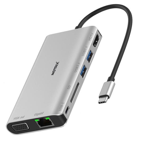 Hub adaptor Motrix&reg; USB Type-C la 1xHDMI, 2xUSB 3.0, 1xPower Delivery, 1xSD Card, 1xVGA, 1xGigabit Ethernet RJ45