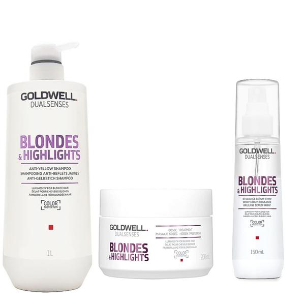 Pachet pentru Par Blond - Goldwell Dualsenses Blondes &amp; Highlights: Sampon 1000 ml, Masca 200 ml, Serum 150 ml