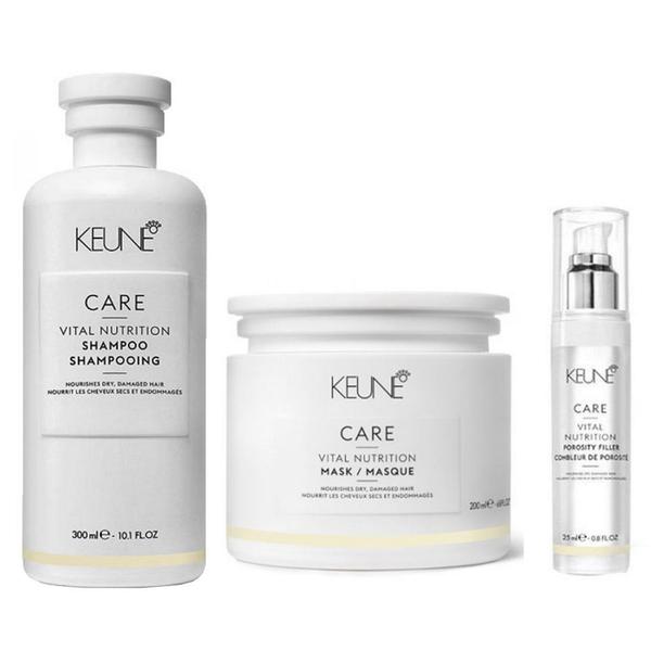 Pachet pentru Par Uscat sau Fragil - Keune Care Vital Nutrition: Sampon 300 ml, Masca 200 ml, Crema de Par 25 ml