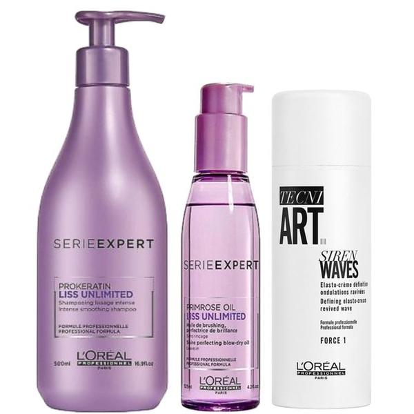 Pachet pentru Par Cret 1 - L'Oreal Professionnel Liss Unlimited: Sampon 500 ml, Crema pentru Bucle150 ml, Ser 125 ml