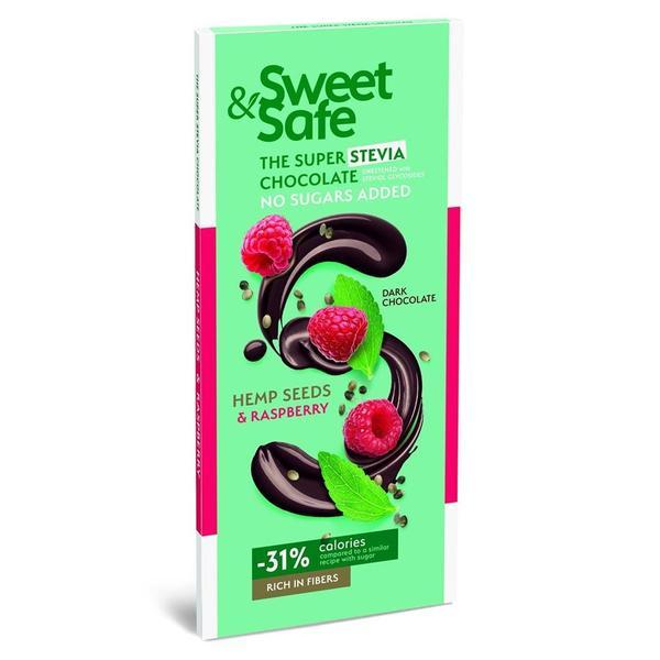 SHORT LIFE - Ciocolata Amaruie cu Seminte de Canepa si Zmeura Sweet &amp; Safe cu Indulcitor din Stevia Sly Nutritia, 90 g
