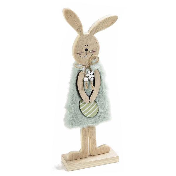 Decoratiune Figurina Iepuras Paste din lemn cu rochita textil verde 10 cm x 5 cm x 31 h - Decorer