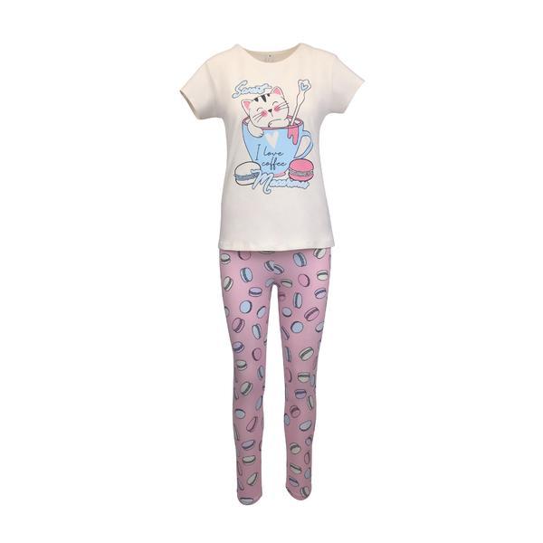 Pijama dama, Univers Fashion, bluza bej cu imprimeu pisica si colanti roz, M