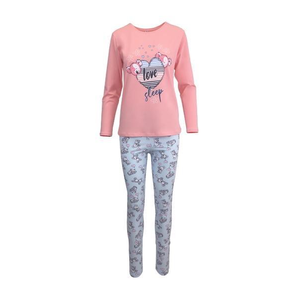 Pijama dama, Univers Fashion, bluza roz somon cu imprimeu love sleep si colanti albastru deschis, M