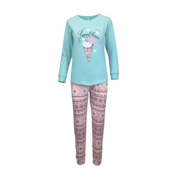 Pijama dama, Univers Fashion, bluza verde cu imprimeu Sweet Love si pantaloni roz, M