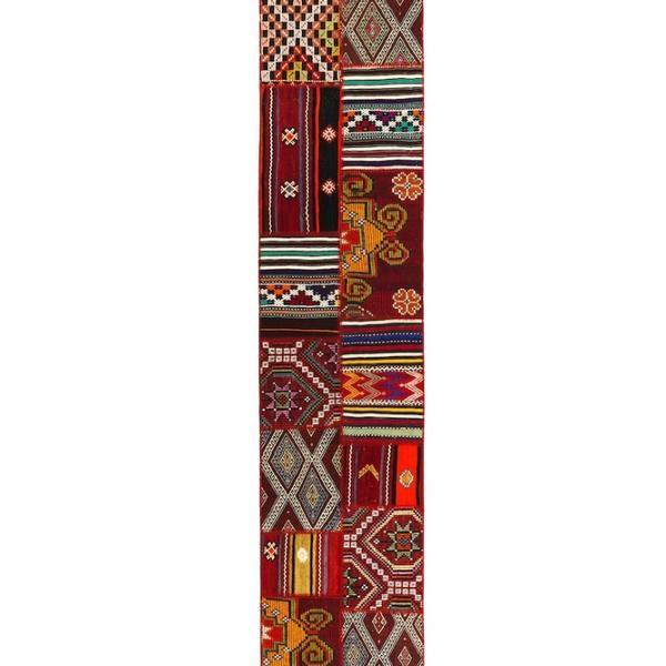 Covor oriental turcesc, tesatura plata, lucrat manual, din lana, model mozaic, 80x350 cm, multicolor, Topi Dreams