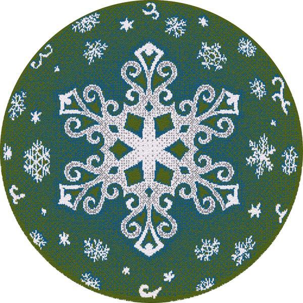 Covor decorativ rotund, cu functie decoratiune Craciun, pentru adulti si copii, model cu stelute si fulgi de zapada, diametru 65 cm, verde cu albastru si cu alb, Topi Dreams