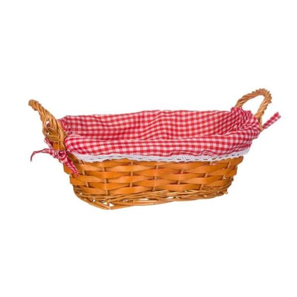 Cos decorativ pentru oua de Paste, cu tortite din rachita, decorat cu tesatura rosie in carouri albe, lungime 30 cm