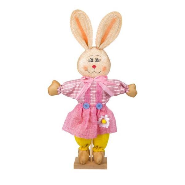 Figurina decor pentru Paste, iepuras din lemn cu rochie de sarbatoare, inaltime 46.5 cm