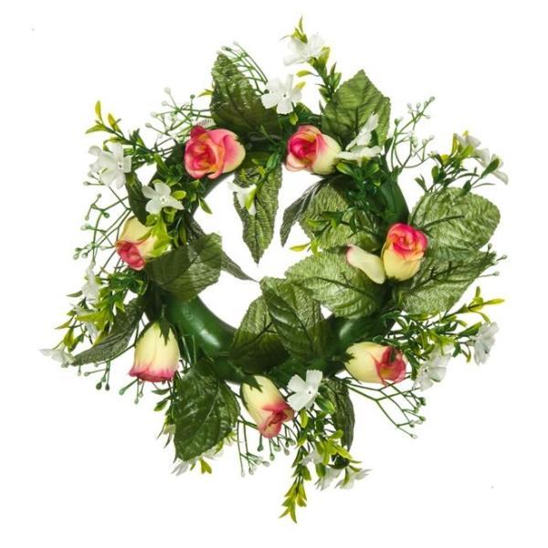Decoratiune suspendabila tip coronita, impodobita cu flori albe de primavara, trandafiri si frunze verzi, 23.5 cm