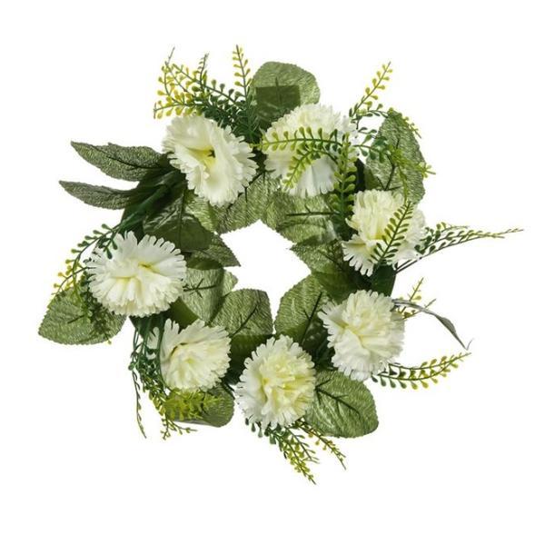 Decoratiune suspendabila tip coronita, impodobita cu flori albe de primavara si frunze verzi, 20.5 cm