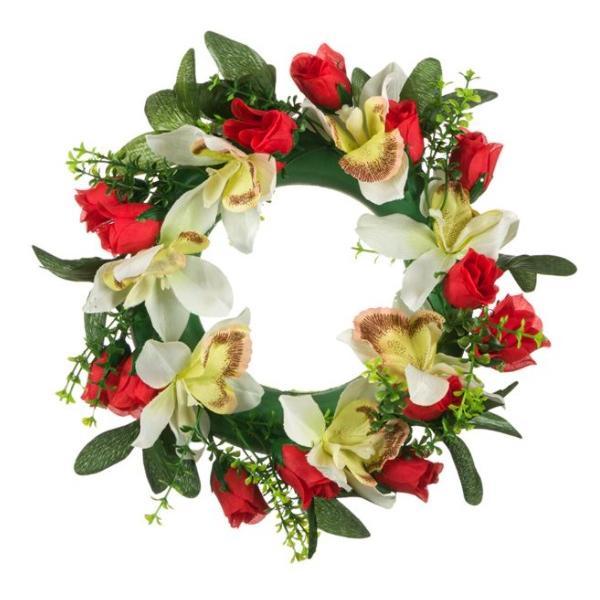 Decoratiune suspendabila tip coronita, impodobita cu floricele de primavara, trandafiri rosii, orhidee alba si frunze verzi, 27.5 cm
