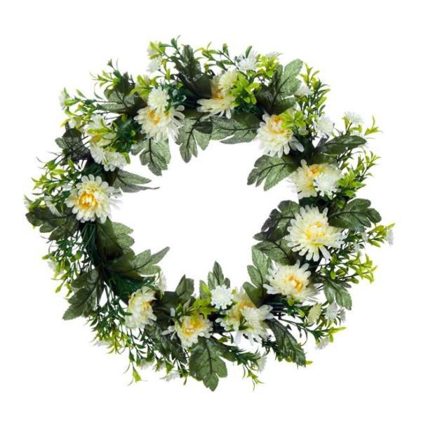 Decoratiune suspendabila tip coronita, impodobita cu floricele de primavara, crizanteme albe si frunze verzi, 37.5 cm