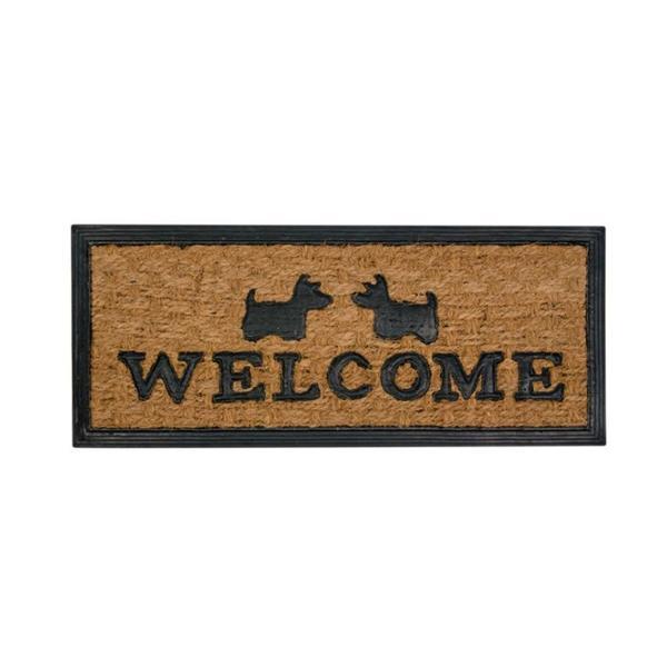 Covoras decorativ pentru casa scarii, la intrarea in casa, design cu animale si mesaj de bun venit in limba engleza, 60x25 cm, maro cu negru, Topi Toy