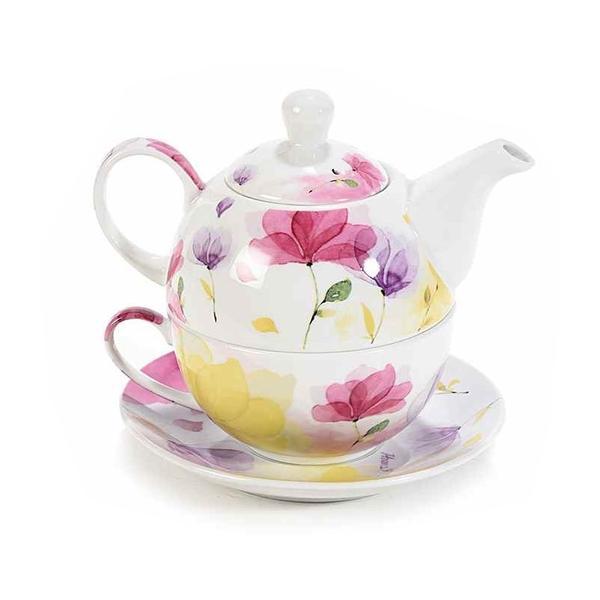 Set ceainic cu ceasca si farfurioara din portelan decor floral roz 16 cm x 10.5 cm x 13.5 h