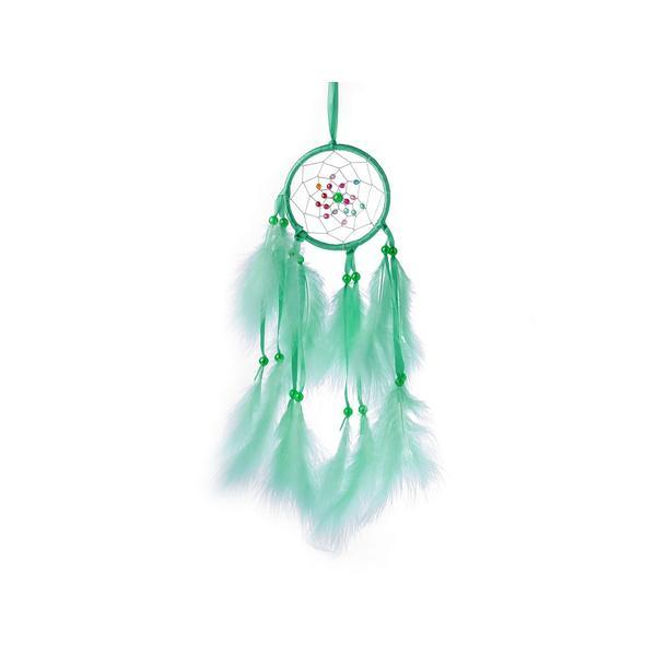 Prinzator de vise indian Dream catcher cu margele si pene 57 x 11 cm, Verde menta