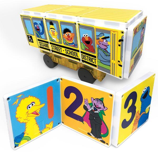 Set de constructie piese magnetice Autobuzul scolar Sesame Street CreateOn Magna-Tiles - Set 14 piese magnetice