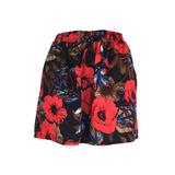 Fusta-pantalon scurta, Univers Fashion, culoare neagra cu imprimeu floral rosu, 2 buzunare, cordon si elastic la talie, M-L