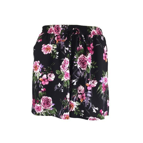 Fusta-pantalon scurta, Univers Fashion, culoare neagra cu imprimeu floral fucsia, 2 buzunare, cordon si elastic la talie, L-XL