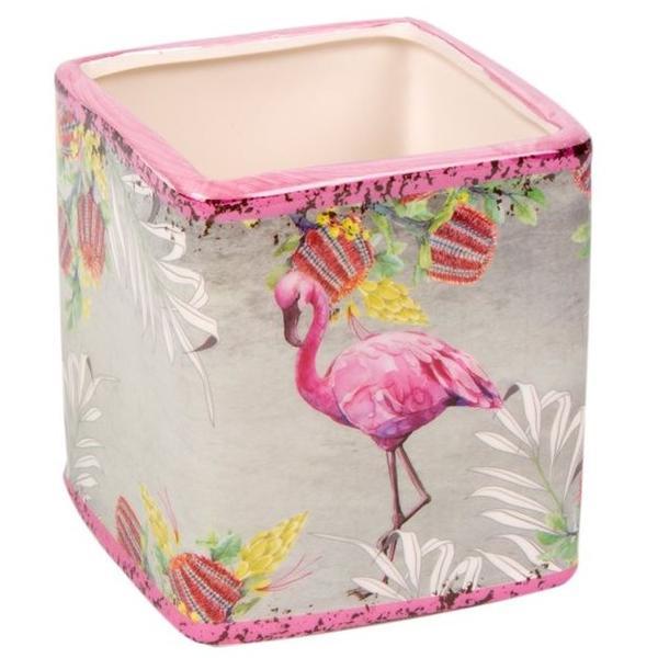 Ghiveci din ceramica, model cu flamingo, 14x14x12 cm OEM