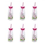 Set 6 recipiente tip sticla cu capac ondulat si pai, Design Animalute, 500 ml, Multicolor