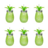 Set 6 recipiente tip borcan cu capac si pai, design Pineapple, 450 ml