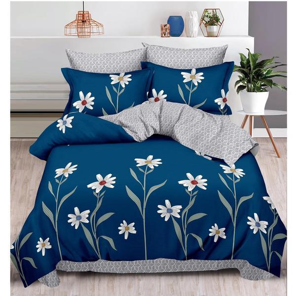 Lenjerie de pat Infinit Casa Dark Blue Flowers Bumbac Finet pentru 2 persoane, 6 piese