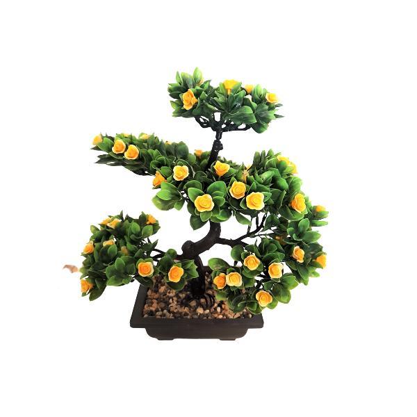 Bonsai decorativ artificial in ghiveci cu flori galbene, 40 cm, 6 ramuri