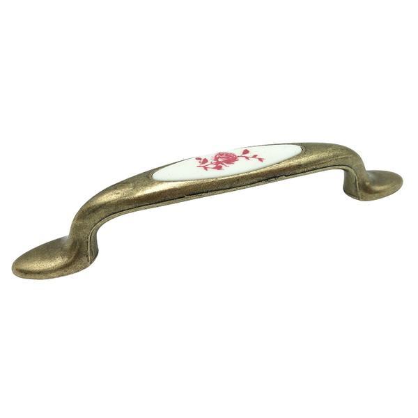 Maner pentru mobila cu insertie rasina floare rosie, finisaj bronz oxidat, 96 mm - Malle