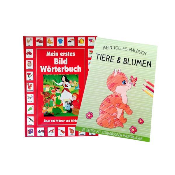 Set de cărți în limba germană, pentru copii, „Minunata mea carte de colorat-Animale și Flori„ + „Prima mea carte vocabularul în imagini„ („Mein erstes Bild Wörterbuch„ und „Mein Tolles Malbuch-Ti