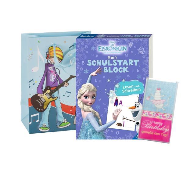 Cadou pentru copii, Carte pentru copii cu exerciții în limba germană, cu tema Disney Frozen, citirea si scrierea și ciocolată cu lapte „Happy Birthday-genieße den Tag!„ Hussel, 100 gr („Disney Die Eiskönigin Mein Schuls