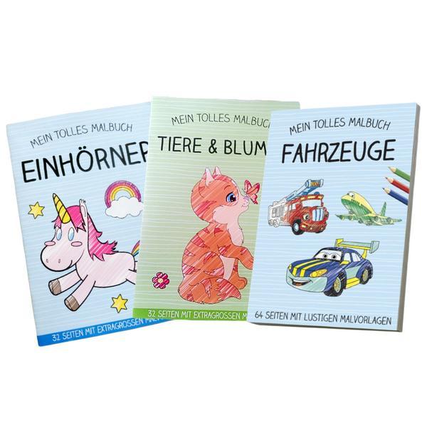 Pachet pentru copii, carti de colorat in limba germana, „Minunata mea carte de colorat vehicule” + „Minunata mea carte de colorat - Animale și Flori„ + Minunata mea carte de colorat - Unicorni„ +3 ani