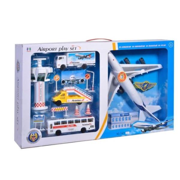 Set pentru aeroport complet cu avion, autobuz pentru pasageri, figurine si diverse accesorii