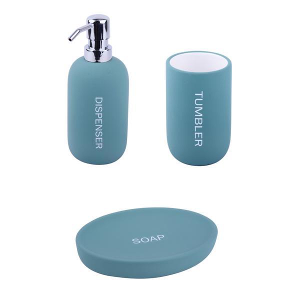 Set 3 accesorii pentru baie format din savoniera, dozator sapun si pahar igiena dentara, Ceramica, Verde