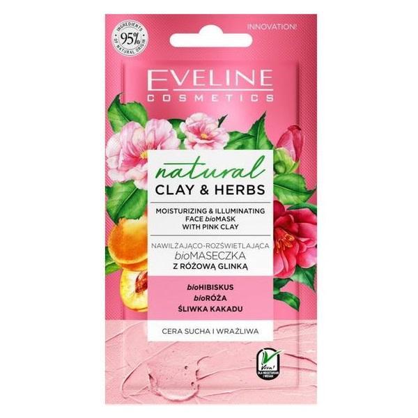Masca de fata, Eveline Cosmetics, Natural Clay &amp; Herbs, Moisturizing &amp; Illuminating, 8 ml