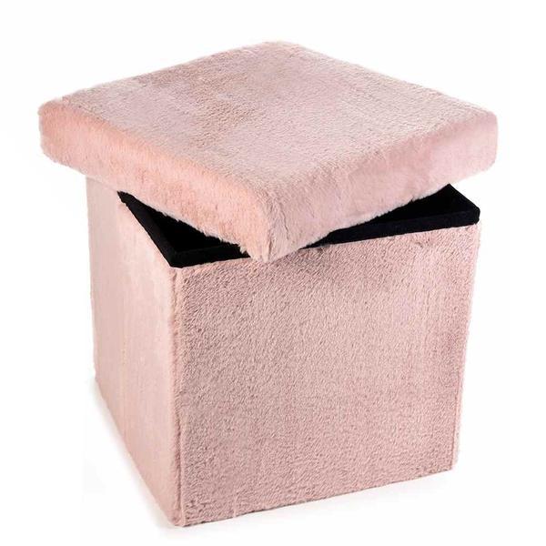 Taburet pliabil cu spatiu depozitare din textil pufos roz Decorer 38 cm x 38 cm x 38h