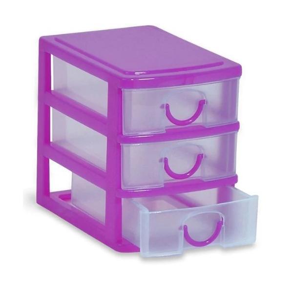 Suport birou cu 3 sertare pentru accesorii de birotica, Plastic,Mov, 10x9x12 cm
