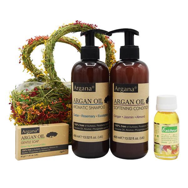 Cos Cadou Floral cu Sampon pentru Par cu Ulei De Argan 400 Ml + Balsam pentru par cu Ulei de Argan, Argana /400 Ml + Sapun cu Ulei De Argan, Argana /40gr + Selectie 10 Uleiuri Fraicheur 60 Ml