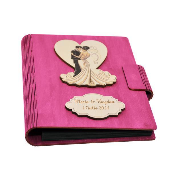Guestbook din lemn personalizat, Caiet de amintiri, roz, A5, pentru nunta, Piksel, pix si lipici inclus