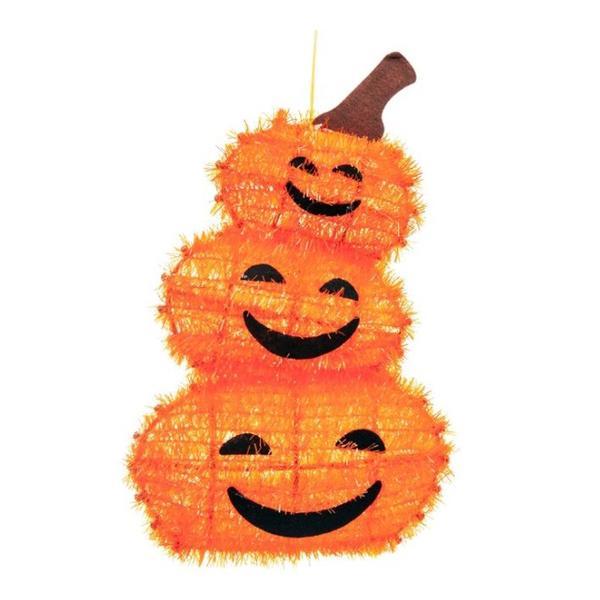 Decoratiune suspendabila pentru petrecere de Halloween, dovleci cu zambet vesel, impodobiti cu beteala, portocaliu, 40 cm