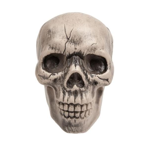 Decoratiune craniu de mort pentru petrecere de Halloween, cap de schelet uman, aspect realist, 11 cm, alb murdar cu negru, Topi Toy